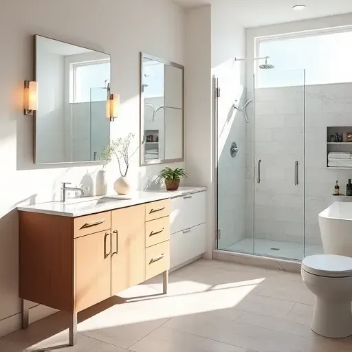 Bright, modern Jupiter, FL bathroom featuring sleek paint, marble vanity, large mirror, coastal decor, and natural light.