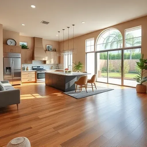 Modern open-concept living space in Greenacres, FL features hardwood floors, sleek kitchen, and landscaped backyard.