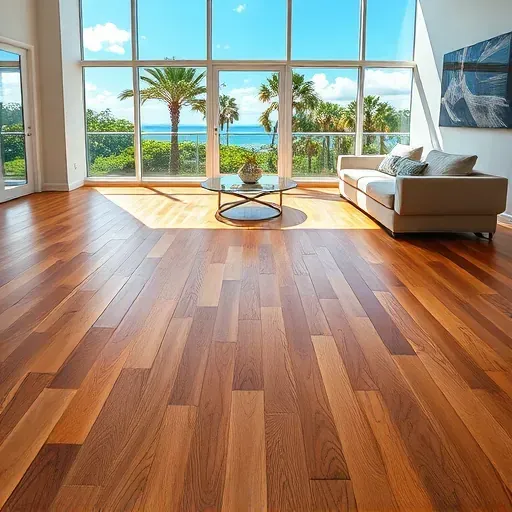 Flawlessly installed hardwood flooring in Jupiter, FL, features rich tones, intricate grain, and natural sunlight in a modern, elegant room.