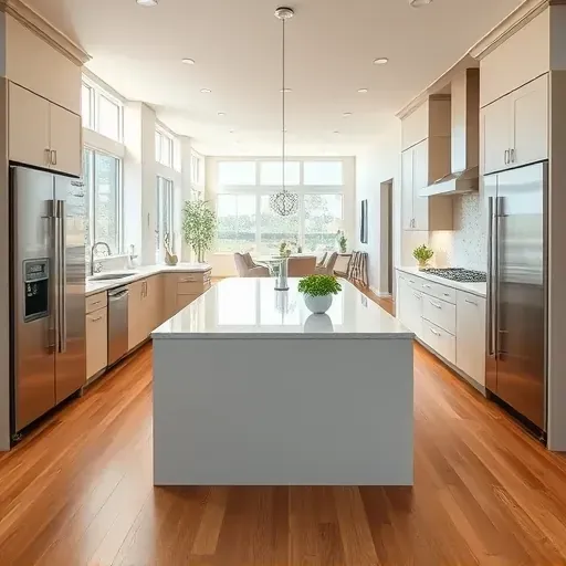 Stunning kitchen remodel in Frenchmans Creek, FL, featuring sleek cabinetry, quartz island, and warm hardwood floors.