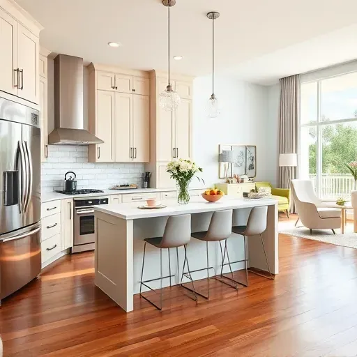 Bright, modern Seminole Landing kitchen with sleek cabinets, stainless appliances, quartz countertops, hardwood floors, and natural light.