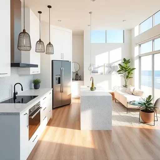 Modern South Palm Beach kitchen with quartz counters, black fixtures, white cabinets, island, stainless appliances, and coastal decor.