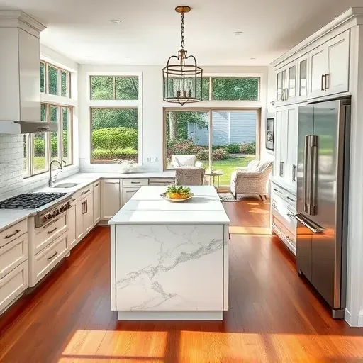 Remodeled Frenchmans Creek kitchen with quartz counters, stainless appliances, custom cabinetry, marble island, and lush garden views.