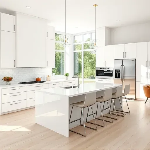 Newly remodeled Boca Raton kitchen features modern cabinetry, quartz island, and stainless appliances in a bright, tropical setting.