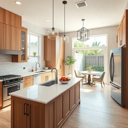 Recently remodeled Greenacres, FL kitchen with modern quartz countertops, black hardware, stainless steel appliances, and natural sunlight.