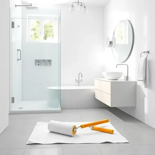 Bright, modern bathroom in Jupiter, FL with white walls, grey tiles, glass shower, and organized toiletries.