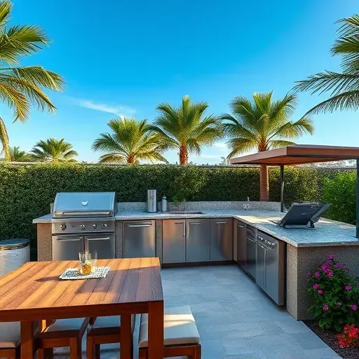 Elegant outdoor kitchen in Jupiter, FL with stainless steel appliances, granite countertops, lush tropical landscaping, and a stylish dining area.