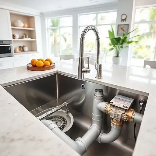 Perfectly installed modern kitchen plumbing in Jupiter, FL, with sleek stainless steel and PVC pipes under a stylish, bright kitchen sink.