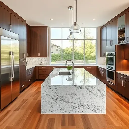 Modern Atlantis kitchen with sleek cabinets, granite countertops, stainless appliances, hardwood floors, and lush outdoor view.