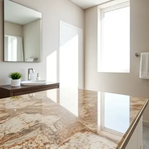 Bathroom countertop in Jupiter, FL with polished granite, natural veining, sleek modern design, and coastal-inspired decor.