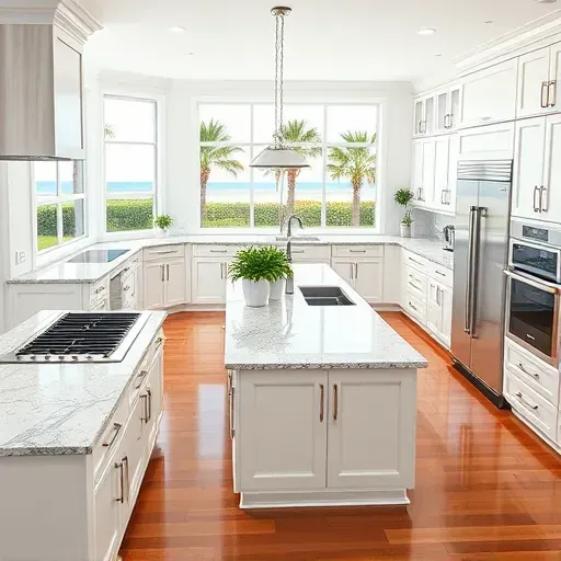 Remodeled North Palm Beach kitchen with granite countertops, stainless appliances, white cabinetry, and ocean views.
