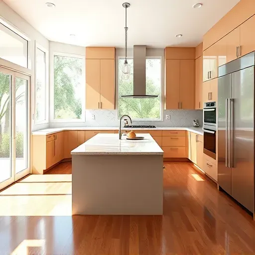 Newly remodeled Palm Springs kitchen with modern cabinetry, high-gloss counters, large windows, and elegant pendant lights.