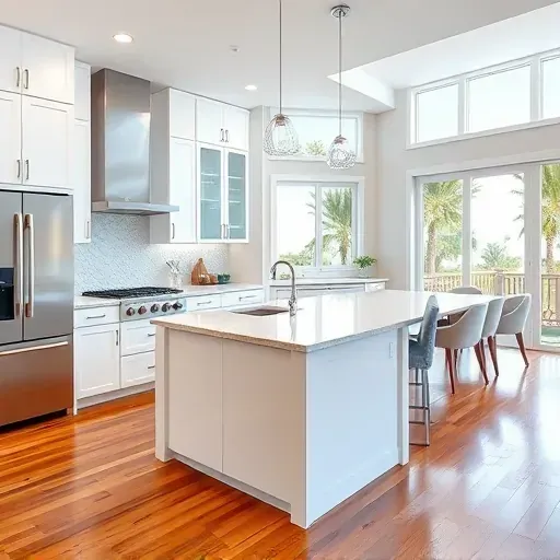 Recently remodeled kitchen in Palm Beach County, featuring modern cabinetry, quartz countertops, and hardwood flooring.