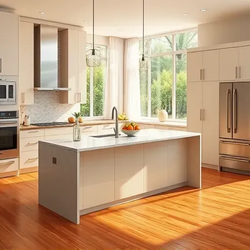 Beautiful renovated kitchen in Greenacres, FL, with sleek neutral cabinetry, granite island, stainless appliances, hardwood floors, and natural light.