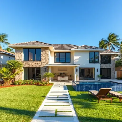 Whole-home remodeling in Palm Beach Gardens features a modern façade, lush landscaping, open interiors, and a luxury pool area.