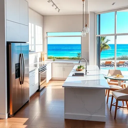 Modern remodeled Singer Island kitchen with sleek cabinetry, quartz countertops, ocean view, and stylish appliances.