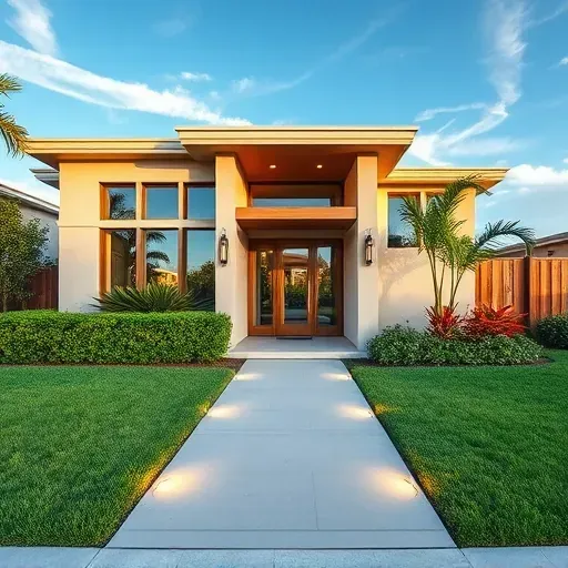 Contemporary coastal home in Palm Beach Shores, FL, featuring warm stucco, wood accents, lush landscaping, and bright windows.