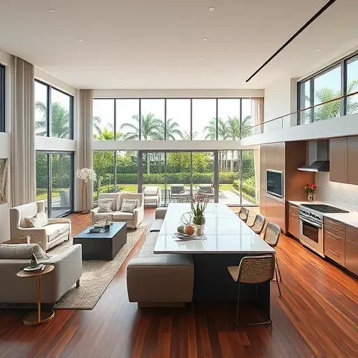 Stylish Palm Beach whole-home remodeling features open spaces, high ceilings, modern furnishings, and elegant decor.
