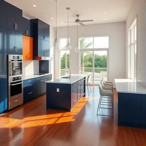 Remodeled Admirals Cove, FL kitchen with navy blue cabinetry, quartz countertops, stainless appliances, hardwood floors, and open outdoor view.