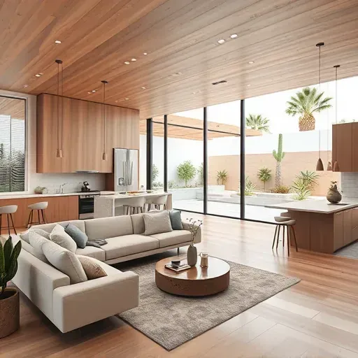 Whole-home remodel in Palm Springs: modern living space flows into a chic kitchen, featuring natural tones and sleek design.