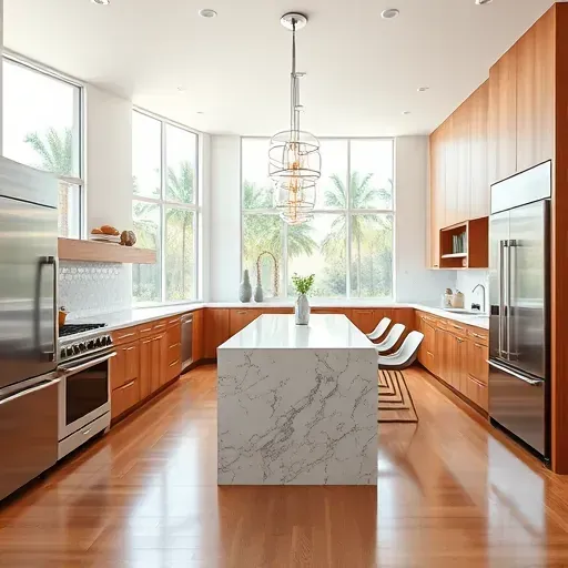 Beautiful renovated Palm Springs, FL kitchen with stainless steel appliances, marble countertops, wooden cabinets, and natural sunlight.