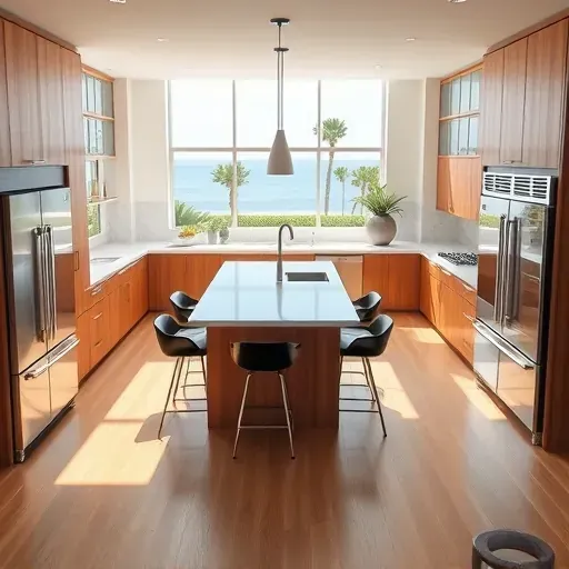 Spacious Jupiter kitchen with sleek quartz countertops, custom cabinetry, and serene coastal views, showcasing modern elegance.