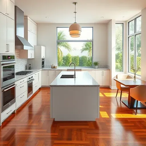 Modern renovated kitchen in Loxahatchee, FL with white cabinets, stainless steel appliances, granite island, hardwood floors, and lush greenery outside.