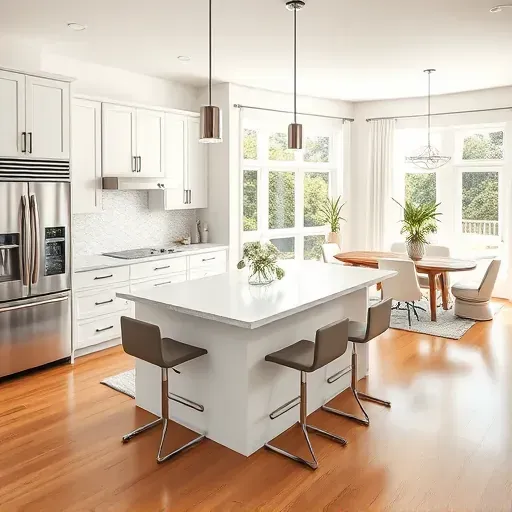 Renovated Boca Raton kitchen with white cabinets, stainless steel appliances, marble island, quartz countertops, and hardwood floors.