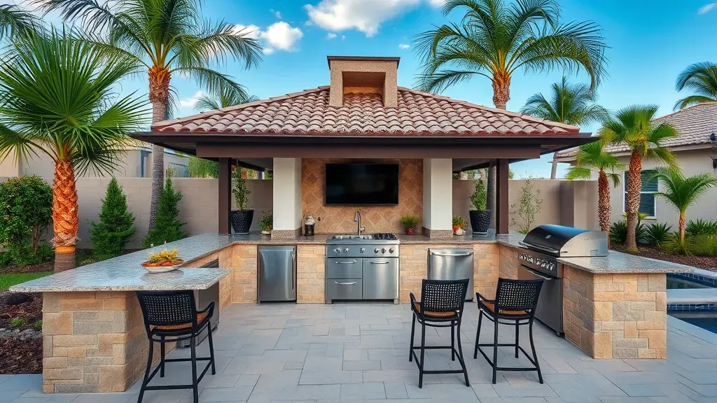 Stunning outdoor kitchen projects in Jupiter, FL showcasing beautiful designs and vibrant landscaping.