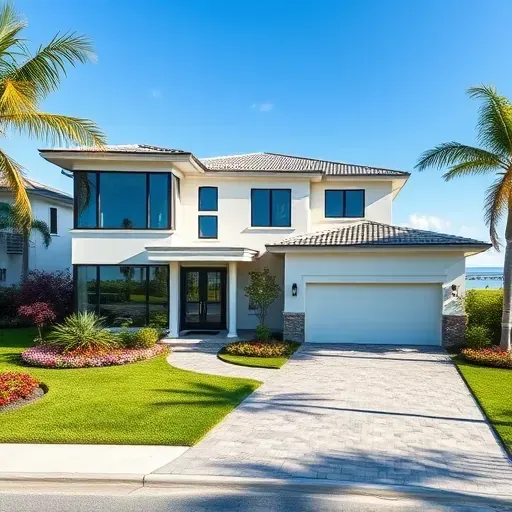 Stunning contemporary home in Admirals Cove, FL, featuring elegant architecture, lush landscaping, and a serene coastal backdrop.