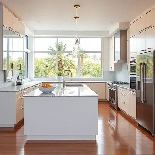 Remodeled Jupiter kitchen with modern cabinetry, sleek island, natural light, and tropical views, showcasing elegant design.