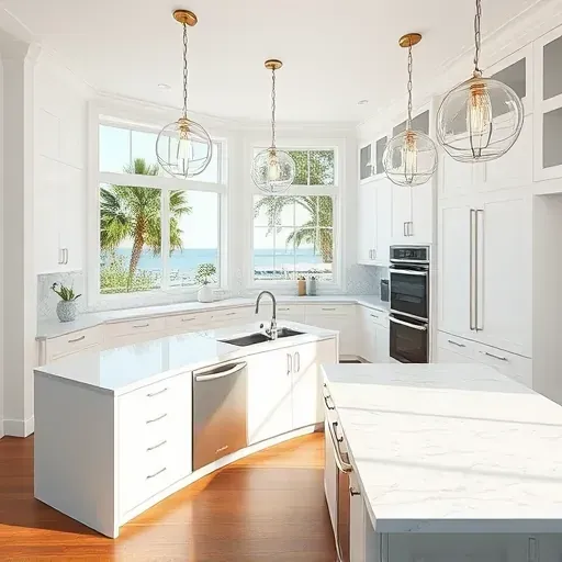 Modern coastal kitchen in Manalapan, FL, featuring sleek cabinetry, marble counters, and sunlight-filled views.