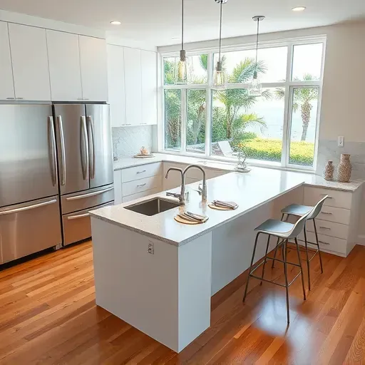Remodeled Ocean Ridge, FL kitchen with sleek matte cabinets, granite countertops, stainless appliances, and ocean views.
