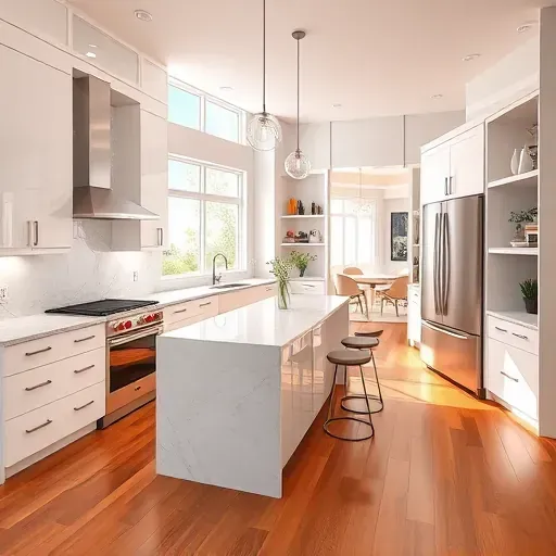 Beautiful renovated Old Palm, FL kitchen with sleek cabinetry, marble countertops, stainless steel appliances, and warm hardwood floors.