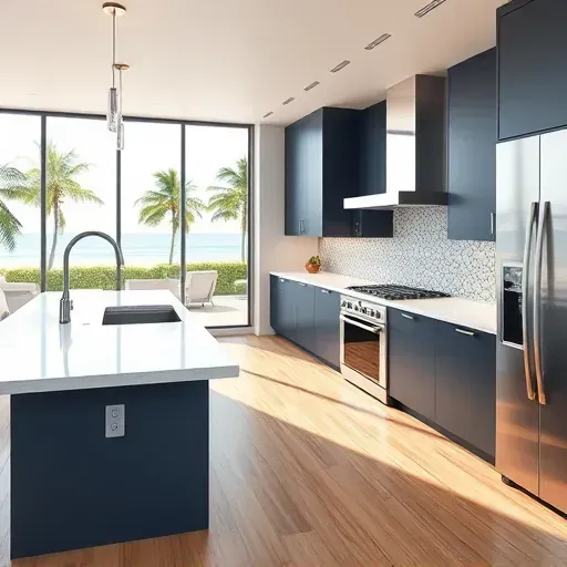 Remodeled Singer Island kitchen with navy cabinetry, quartz countertops, stainless appliances, and tropical ocean views.
