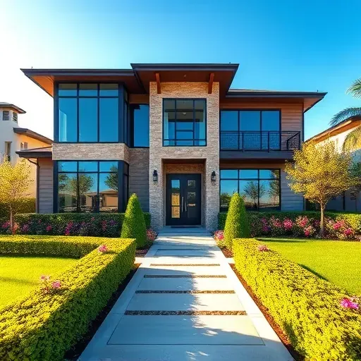 Luxurious modern home in The Bears Club, FL, featuring large glass windows, natural stone, lush landscaping, and a clear sky.