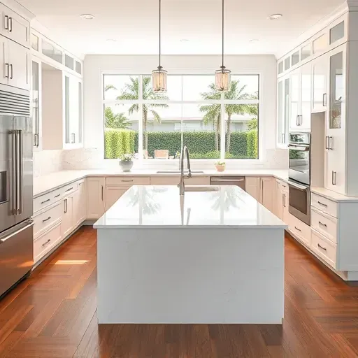 Modern renovated Palm Beach kitchen with white cabinets, quartz countertops, marble island, stainless appliances, and tropical views.