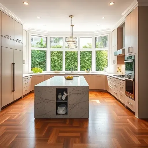 Renovated Palm Beach County kitchen with modern matte cabinets, granite island, stainless appliances, hardwood floors, and lush greenery.