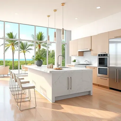 Modern Lake Worth Beach kitchen with marble countertops, minimalist cabinets, stainless steel appliances, and tropical outdoor views.