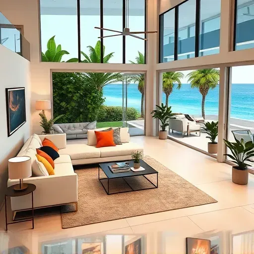 Modern upscale Jupiter, Florida living room with panoramic ocean views, tropical decor, sleek furniture, and coastal elegance.