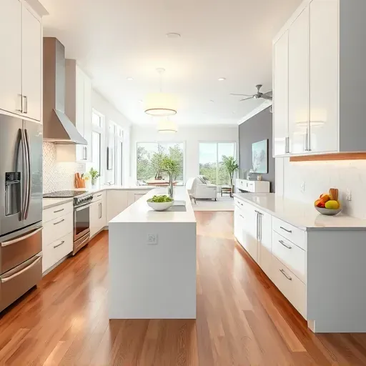 Modern renovated Wellington kitchen with white cabinets, quartz counters, wood island, stainless appliances, and natural light.
