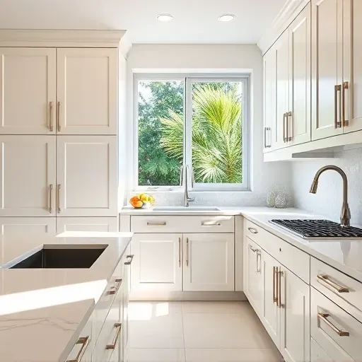 Renovated Jupiter, FL kitchen with sleek refaced cabinets, modern hardware, natural light, and lush greenery outside.