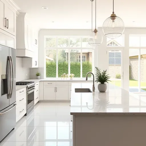 Bright kitchen remodel in Seminole Landing, FL, featuring white cabinetry, stainless steel appliances, and granite island.