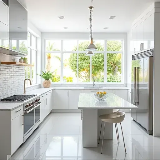Remodeled Gulf Stream, FL kitchen with modern cabinetry, marble countertops, stainless steel appliances, large windows, and neutral tones.