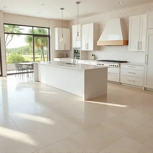 Modern Florida kitchen with elegant tile backsplash, polished countertops, and lush outdoor greenery view.