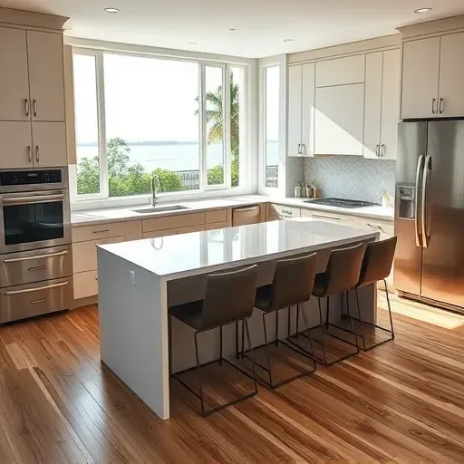 Renovated Tequesta, FL kitchen with matte cabinetry, stainless steel appliances, quartz countertops, a large island, and coastal views.