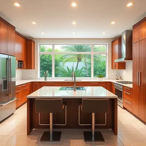 Remodeled Jupiter, FL kitchen with modern wood cabinets, stainless steel appliances, quartz countertops, and lush outdoor views.