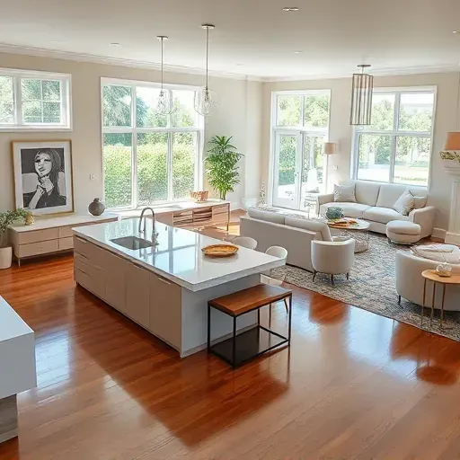Elegant open-plan living room and kitchen in Wellington, FL, with modern finishes and natural light, reflecting quality design.