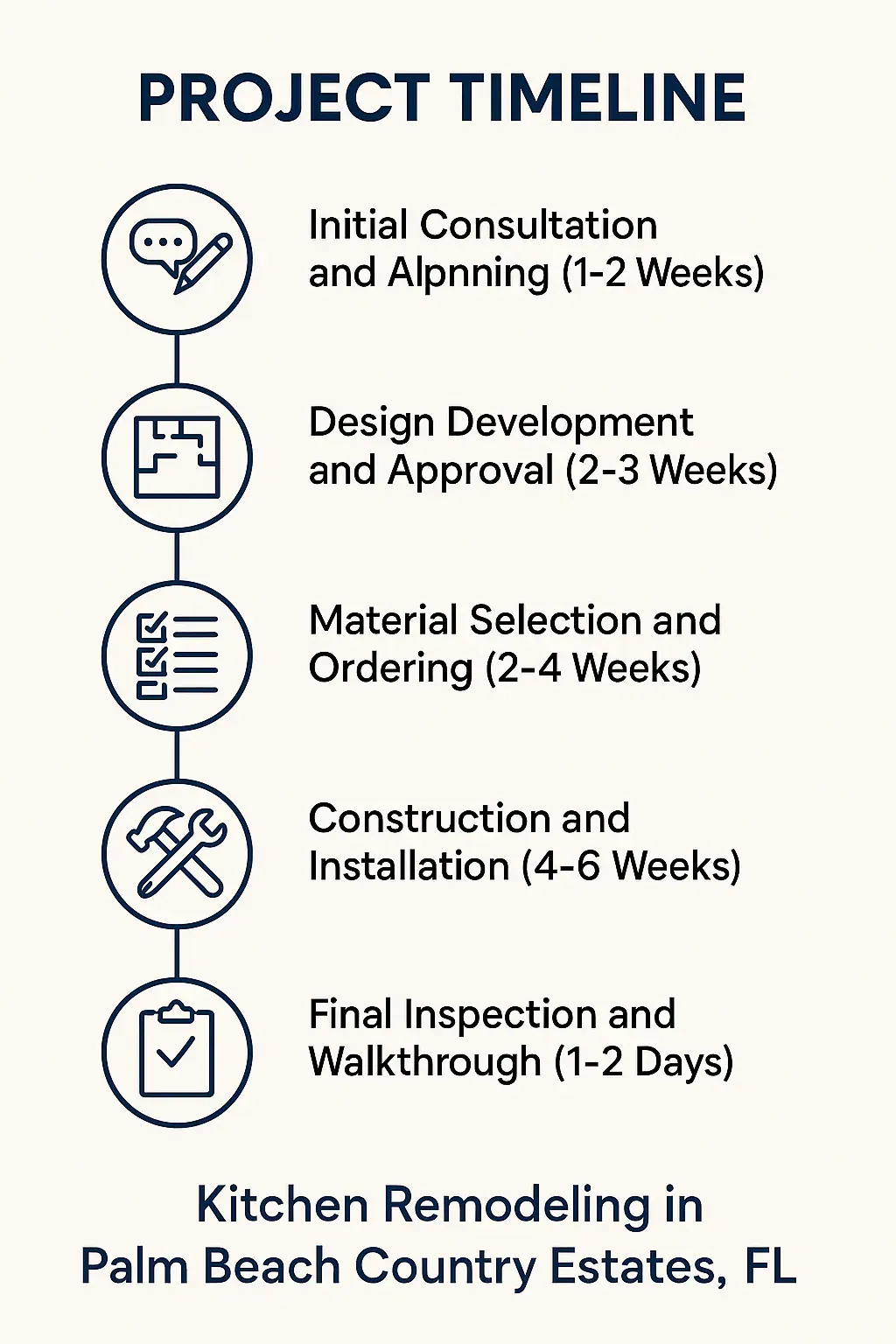 Infographic depicting a five-step Kitchen Remodeling timeline for Palm Beach Country Estates: Planning, Design, Material, Construction, Inspection.