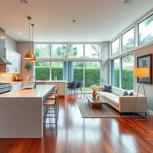 Brightly renovated Loxahatchee home features an open-concept design with modern kitchen, elegant living area, and lush views.